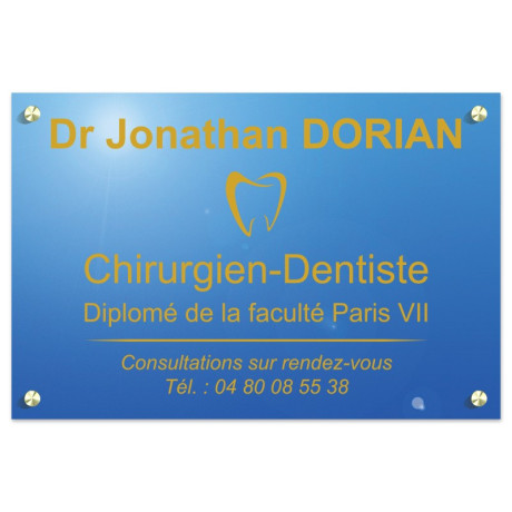 Plaque en plexiglas bleu avec texte doré